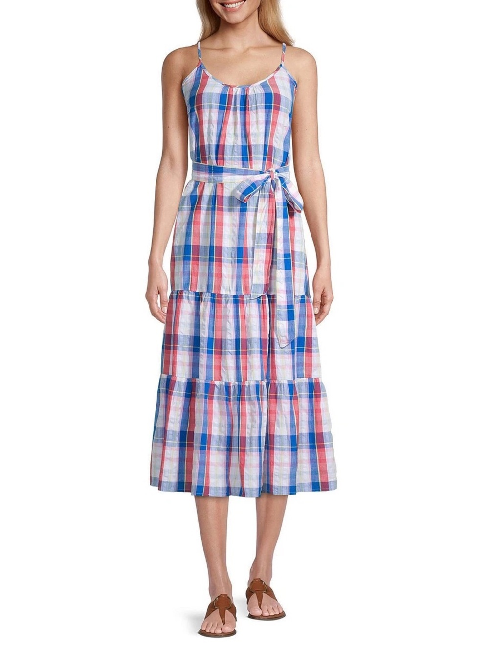 Plaid Tie-Waist Midi Dress in Blue and Pink